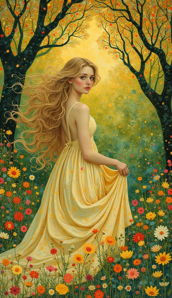 Women in a long white-yellow dres, long blonde hair, green eyes, collecting flowers in a forest full of flowers, spring time, full of sun
