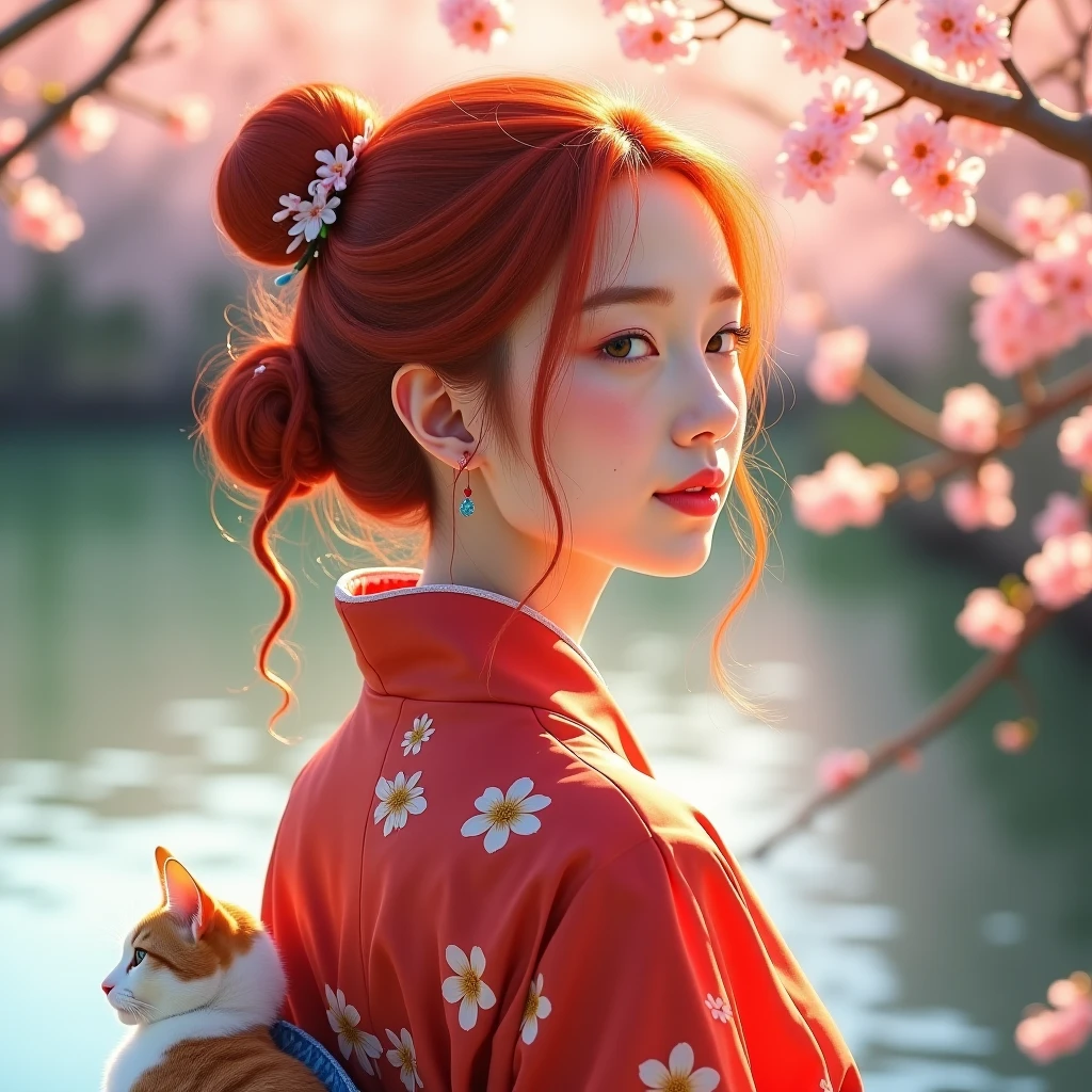 In the style of impressionism, photorealistic, HD, Echt, hyperrealistic, zwei Frauen, A young woman, one with bright red hair and freckles, leichtes Lächeln und A young woman mit kurzen schwarzen Haaren, she makes Gi Gong, Tai-chi-chuan, Tanz, Kong Fu, Full body shots ,  full body portrait , silk kimono, spring, sunshine, red white cat,  im Park am See, Cherry blossoms, Very nice motif.