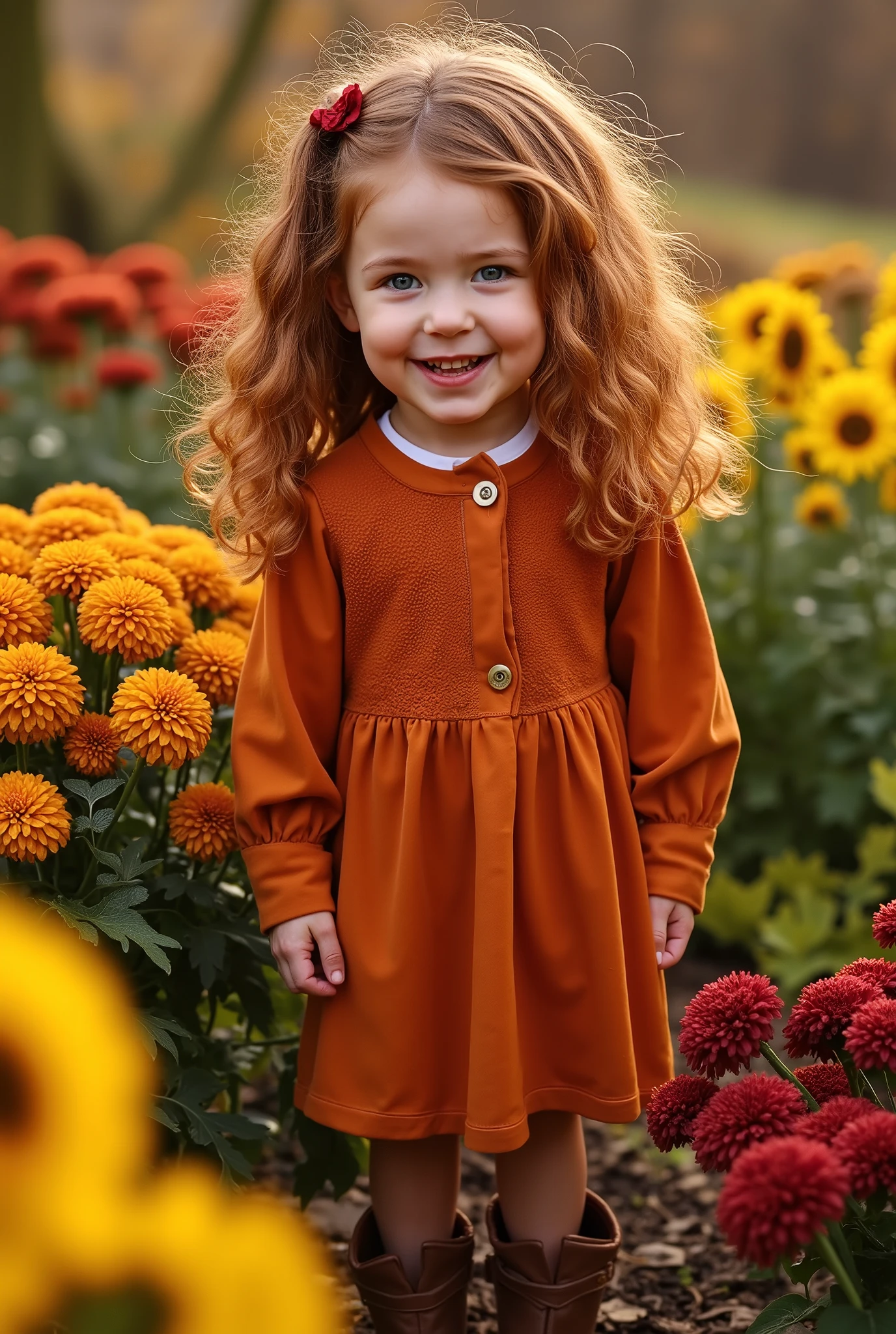 A cute with wavy auburn and golden brown hair, wearing a deep orange dress and brown boots, surrounded by autumn-colored flowers in shades of yellow, rust, and burgundy. The setting has a warm fall atmosphere.