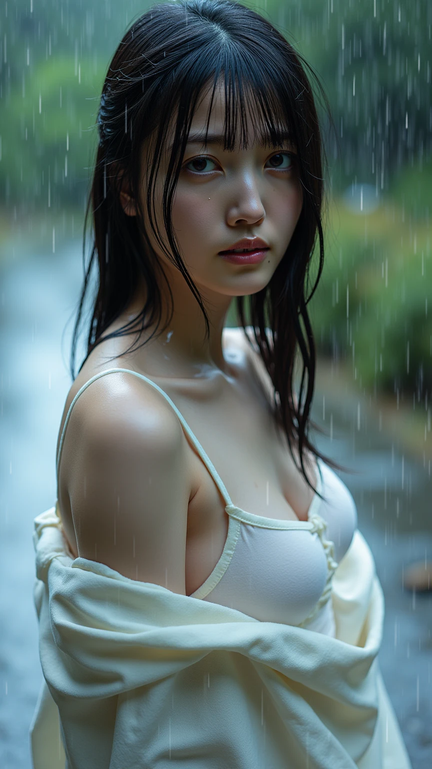 (Top quality, 4k, Masterpiece:1.3), Pretty woman, 1 woman, (breasts, attractive body:1.2), abs:1.1, dark brown hair:1.1, (rainy wet, wet in the rain, wet torso: 1.2), very fine face, delicate lips, delicate eyes, double eyelids, sparkling eyes, sparkling lips,
