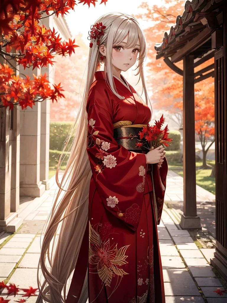 (Masterpieces), A girl in a red kimono holds a cluster amaryllis, palace , autumn leaves,  beautiful anime portrait , White Long Hair, beautiful anime style, Beautiful Anime Girls,description boundary ahead of the large end, Bokeh,Film Lighting