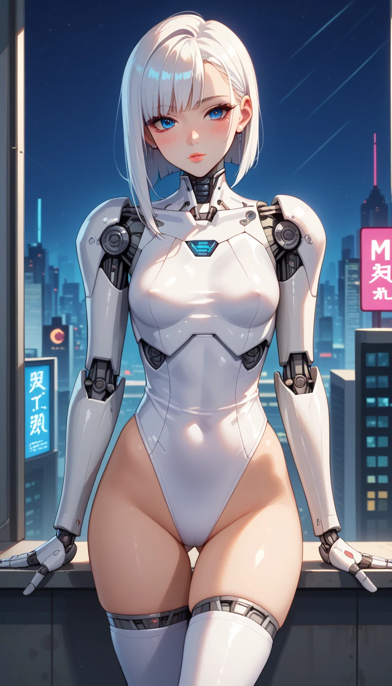 reelmech,(cyborg girl),(cyborg girl:1.5),
maid android,(((1girl))),((mechanical robot girl with extremely cute and beautiful pale blue hair)),

(large breasts:1.4),saggy breasts,(((pale blue bob hair:1.35,colored inner hair,short hair,ear breathing))),(((doll))) ,((((pale blue eyes,pale white skin,doll joints:1.5,mechanical hands:1.5,silver armored dress,tesla coils,maid mechanical doll:1.5,Body of a machine:1.5,metallic skin,ball joint,no facial features,cyborg:1.5, robotic parts:1.5,robot:1.5)))),((blue eyes:1.3,upturned eyes:1.3,perfect eyes,beautiful detailed eyes,gradient eyes:1,finely detailed beautiful eyes:1,symmetrical eyes:1,big highlight on eyes:1.2)),((fat)),(((lustrous skin:1.5,bright skin: 1.5,skin tanned,shiny skin,very shiny skin,shiny body,plastic glitter skin,exaggerated shiny skin,illuminated skin, wet legs))),(spider lower abdomen,narrow waist,wide hip,detailed body,(detailed face)),((Mechanical joints: 1.4,Mechanical limbs)),

cute,slutty,seductive,erotic,(((nsfw))),

(maid headdress),bare_shoulders,delicate metal decorations,Headdress,(maid),sleeveless,miniskirt,boots,cleavage_cutout,bare_legs,((wet clothes,detailed outfit,detailed clothes)),

(dynamic pose:1.0),embarrassed,(centered,scale to fit dimensions,Rule of thirds),

cyberpunk city by the ocean at night, with bright neon signs and dark stormy clouds and puddles,

High resolution, sharp focus, (ultra detailed, extremely detailed), (photorealistic artwork:1.37), 8k wallpaper,((synthwave background theme)),(((vibrant colors,))),(intricate),masterpiece,(best quality),synthwave neon colors,