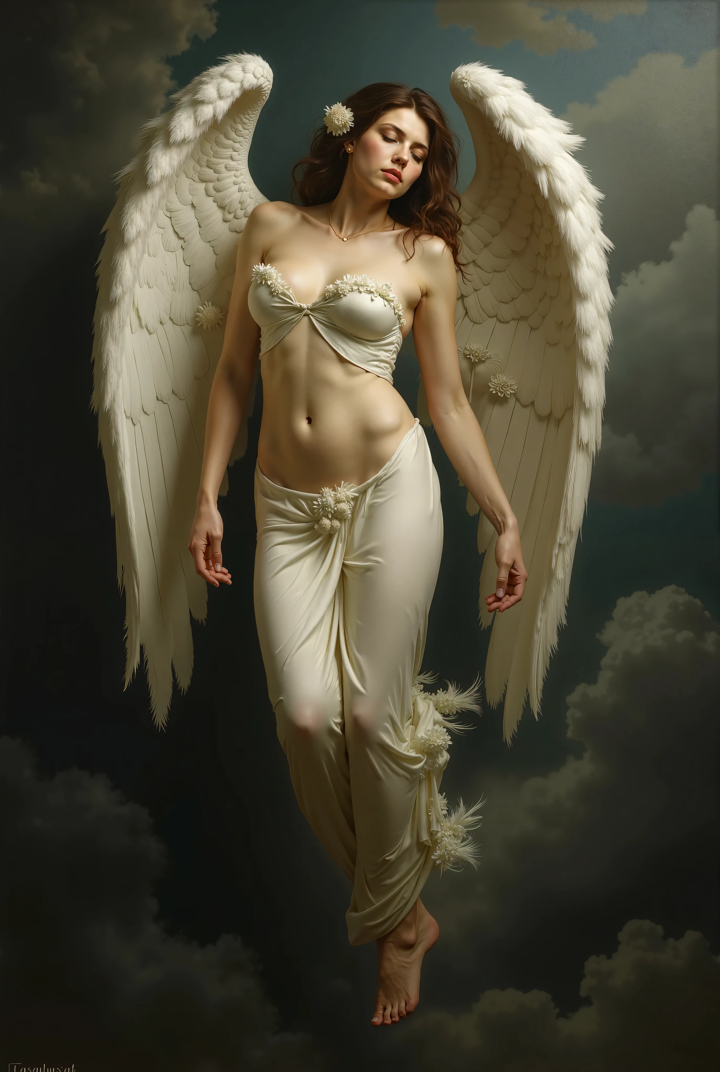 Angel girl, playing baroque lute, bare chested, blue eyes, classic war pilot googles on head, baroque photo realist style, realistic peregrine falcon wings, topless, baroque style, artistic foreshortening, full body, artistic pose, looking from the side, low angle shot, World War II pilot's googles on the head, 





