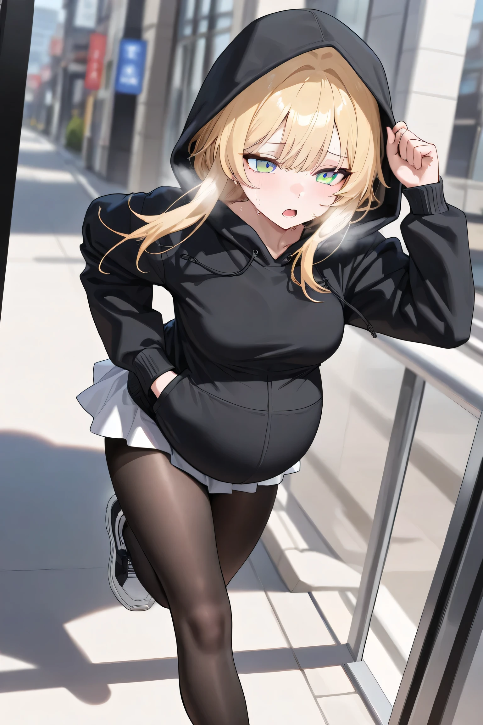masterpiece, best quality, ultra detailed, detailed eyes,
a girl, handsome,
blond hair, ponytail,
yellow eyes,
headphone, parka, black tights, sneaker,
expressionless,