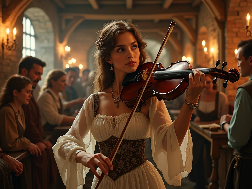 A YOUNG WOMAN PLAYING A  IN A CROWDED SITTING MEDIEVAL TAVERN