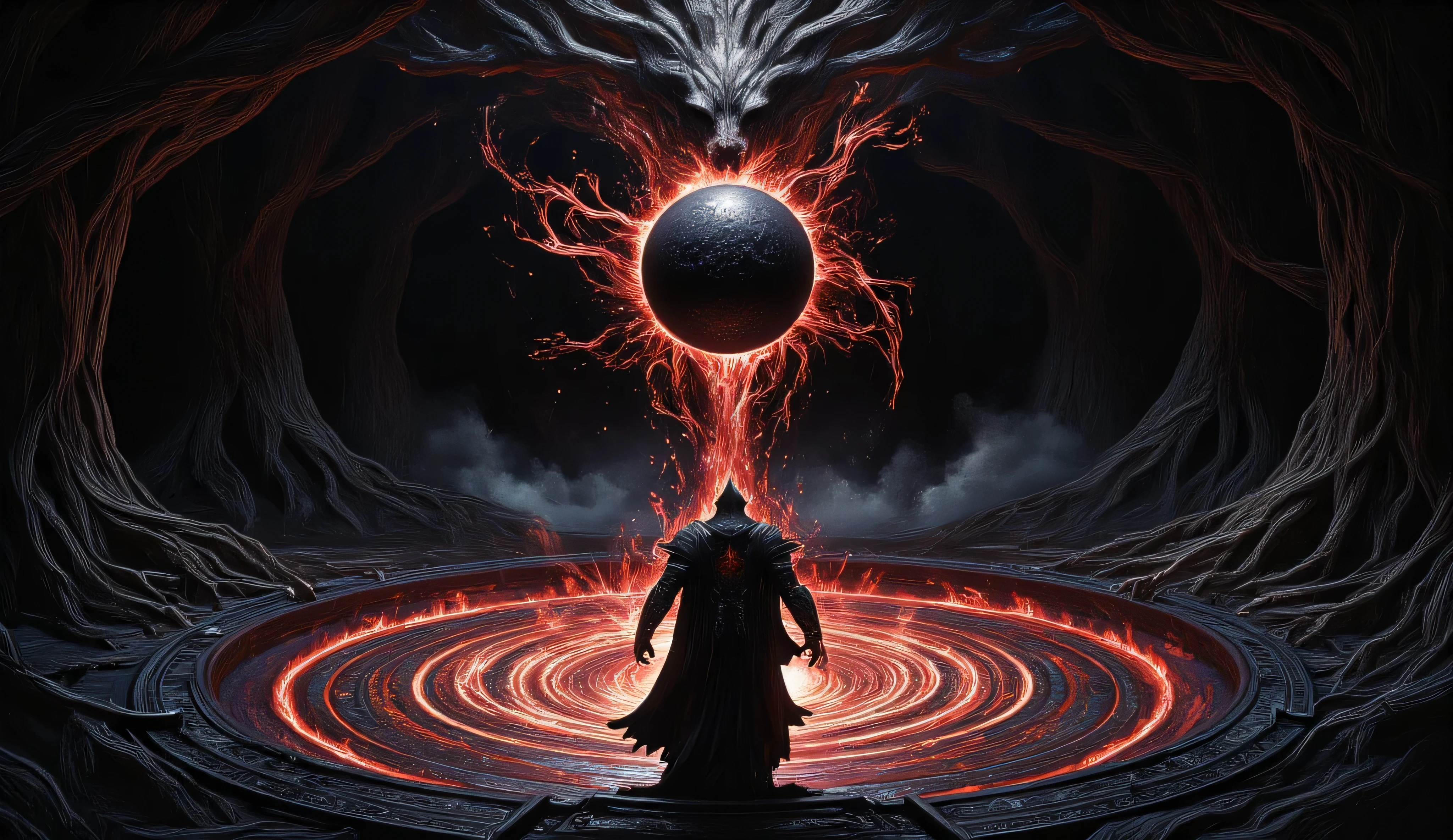 (Deep within a forest ensnared by shadows, a dark knight stands at the center of an arcane circle, where intricate patterns glow with an unholy crimson light. His presence is ominous and commanding, clad in an armor that seems to absorb the very light around it. The knight's helm, with its ominous, sharp angles, conceals his identity, adding to his mystique. In front of him floats a seething sphere of darkness, pulsating rhythmically as if alive and aware. Wisps of magic dance and curl around his form, drawn to the enigmatic force the knight commands. The surrounding trees, gnarled and ancient, whisper secrets as the dark ritual unfolds. The scene is a breathtaking blend of dark beauty and foreboding, captured in the stylistic brilliance of Yoshitaka Amano, where gothic horror intertwines with the artistry of fantasy to convey a story of forbidden power and destiny, steeped in shadow and intrigue.)