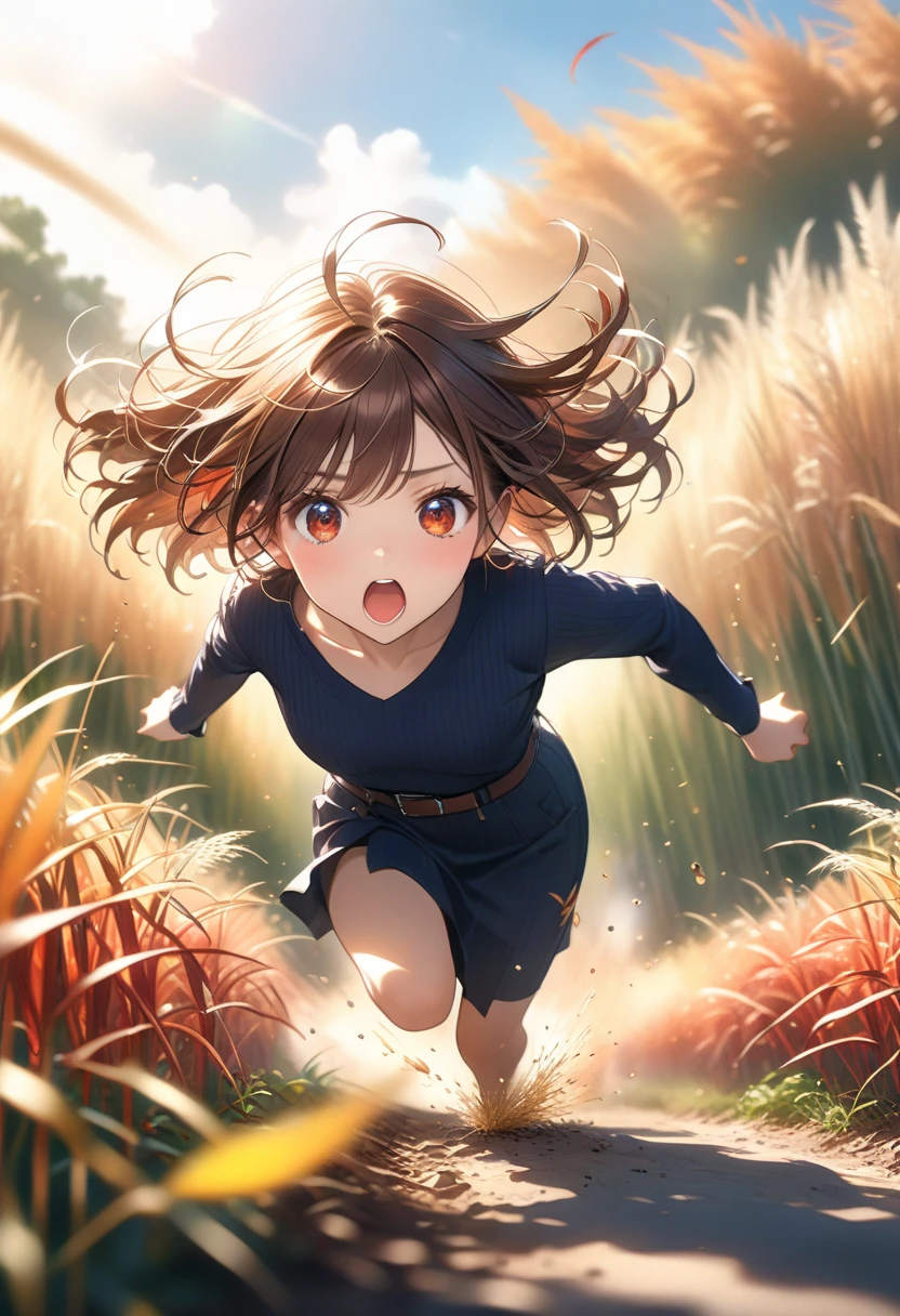 (is a miscanthus field with fall leaves that are about tall:1.printing energetically at full speed:1.5))、((miscanthus seeds that have turned red are blown away by strong winds and scattered at breakneck speed:1.peed Line:1.5、motion blur:1.5、motion line:1.5、DYNAMIC POSE:1.5、 the foreground is blurry :1.5))、((one girl:1.5)、((Girl:1.5))、 college student :1.5)、top quality、high resolution、detailed background、Beautiful face down to the smallest detail、anatomically correct、fine grain、((full body:1.5、focus eye:1.5、Taken from an oblique sky:1.5)),　break　((Misunoki field with full view:1.tupid hair:1.5))、((Dark brown hair color:1.5))、Xiaoyan、fashion model with split ends due to pubic hair:1.5、((Ultra detailed facial depiction :1.5、ultra-detailed depiction of eyes:1.5))、Big, beautiful blue eyes、 long and rich lashes、Full lips、pink lips、braided twin tails、break　(Chic and Elegant Dark Navy Fall Dress、CHIC AND ELEGANT HAIR ACCESSORY、Chic and Elegant Autumn Hat:1.5、CHIC AND ELEGANT SHOES)、((Open Your Mouth Wide and Shout:1.5、 expression full of seriousness and determination :1.5、I'm full of motivation:1.5))、Pale Light、frog