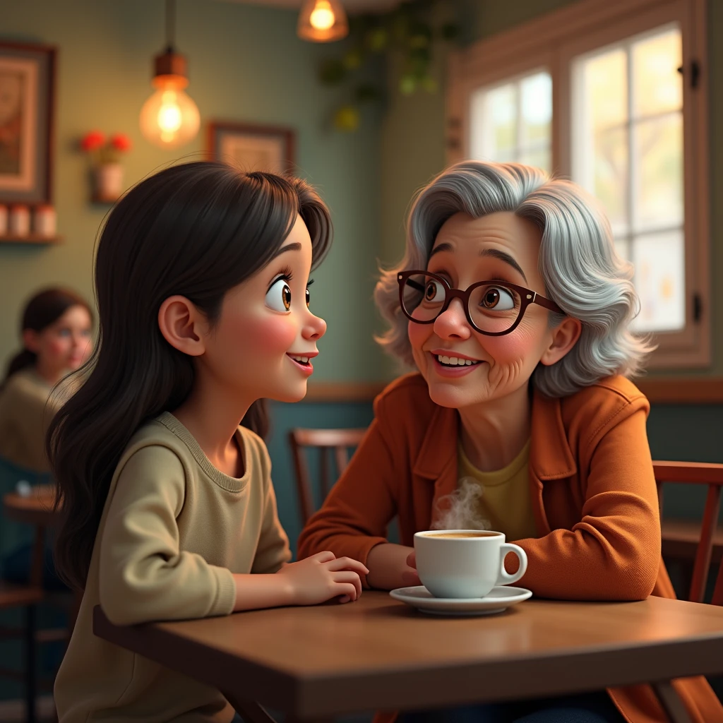 
Realistic photo, young girl talking to an older woman, café in the background