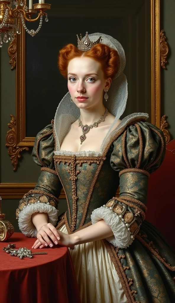 Queen Elizabeth I applying white lead makeup in a gilded mirror
