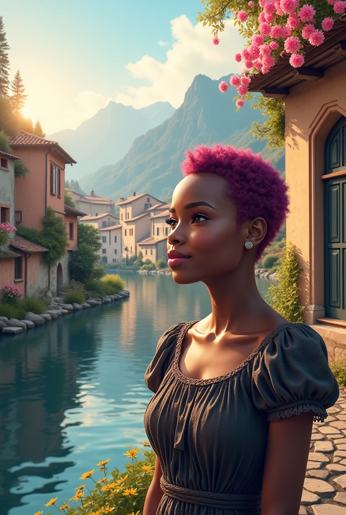 a small village by the river, mountains in the background, floral flowers colorful, detailed landscape, Beautiful natural landscapes, atmospheric lighting, scorching sunset, warm colours, practical, photopractical, Detailed Foliage, complex buildings, cobblestone street, Charming country house, swirly vibrant colors, lush vegetation, Still water reflections, Picturesque, idyllic, work of art, best qualityer, 8k, extremely detaild,anime styling