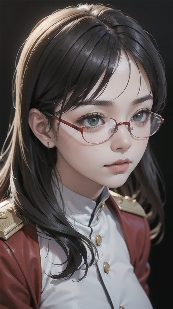 Non NSFW,(maximum resolution),(black background),(( Maximum Eye Details ))(Beautiful pictures),Medium Photo,( Maximum Eye Details )), sci-fi leather poster ,(Small box),(ความเป็นscience fiction),(best quality),(great portfolio poster),( maximum facial detail ),((Realistic faces)),(Maximum Face Resolution),adulthood, East Asian woman , shape,black hair,((Horseface 1 .3 )),(Double wet hairstyle 1.2),calmness, cold facial expression ,green eyes,(( Red Glasses )),( she is commander in chief Find the air.),( High military uniform ),long skirt,  general outfit White  , Black Shawl,future,science fiction,port,((อยู่บริเวณport)),Naval Base, modern warship ,Red and white