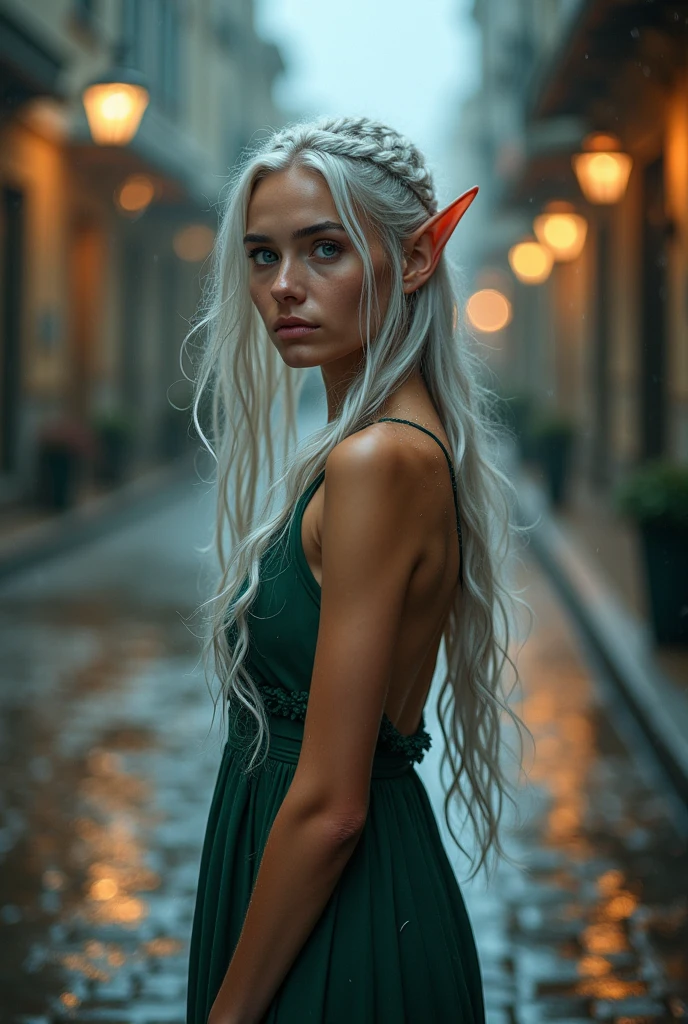 a stunning elven woman with flowing silver hair and vibrant green eyes, standing still on a cobbled street after the rain, looking directly at the camera with calm intensity, reflections in the puddles, cinematic mood, city lights in soft blur behind, her dress clinging slightly from rain, skin texture crisp and natural, full-body shot, Nikon Z 35mm f/1.8 S, aperture f/2.8, ISO 400, shutter speed 1/160s, realistic lighting, RAW format quality