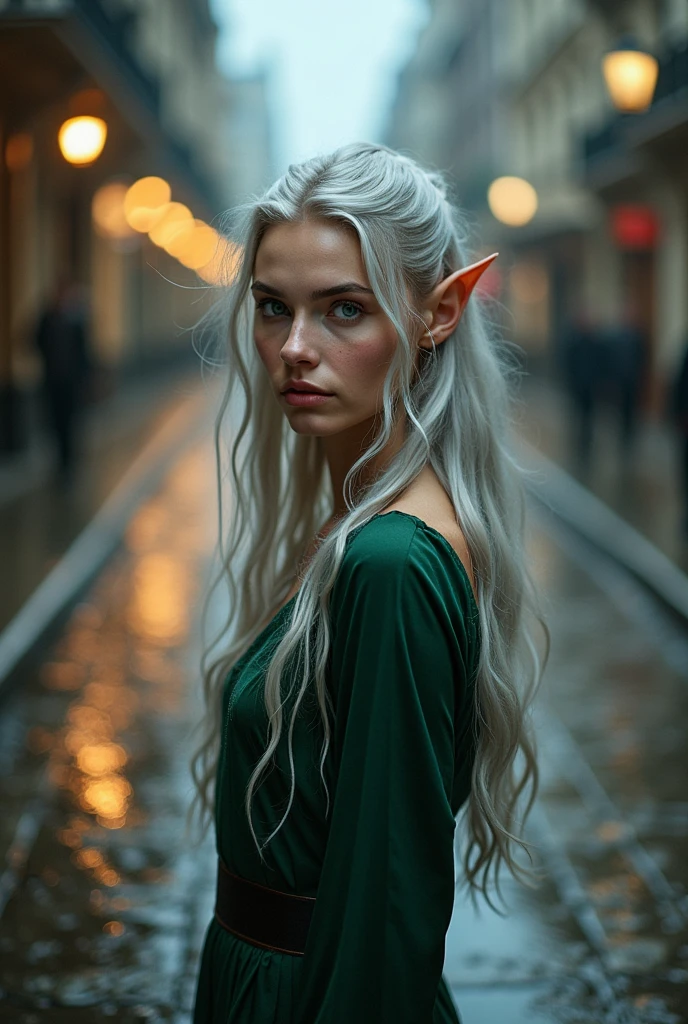 a stunning elven woman with flowing silver hair and vibrant green eyes, standing still on a cobbled street after the rain, looking directly at the camera with calm intensity, reflections in the puddles, cinematic mood, city lights in soft blur behind, her dress clinging slightly from rain, skin texture crisp and natural, full-body shot, Nikon Z 35mm f/1.8 S, aperture f/2.8, ISO 400, shutter speed 1/160s, realistic lighting, RAW format quality

