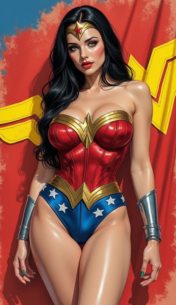 Lynda Carter Wonder Woman, pin-up poster girl, pinup, pin up style, dramatic lighting, large breast, colorful , masterpieces, illustrated, detailed face, Detailed hands, detailed legs, tight body, pinup art style by Zoe Mozert