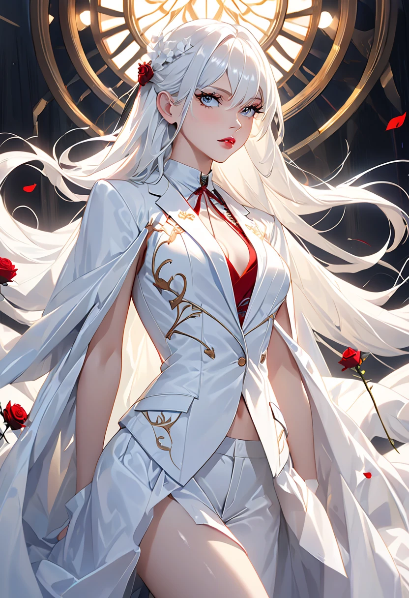 masterpiece, best quality, (Solitary focus), (Perfect face:1.1), (High Detail:1.1), (Extremely detailed eyes), dramatic, Pale skin、Woman with thick white hair, White eyes, Solitary, Long hair, Sephiroth, moon, night, White luxury suit, Cover the navel, Pursed lips, fur, Arrogant expression, Rose花园, Detailed background, Artgerm's Artwork, Movie Lighting, Rose, Fashion, Balenciaga style