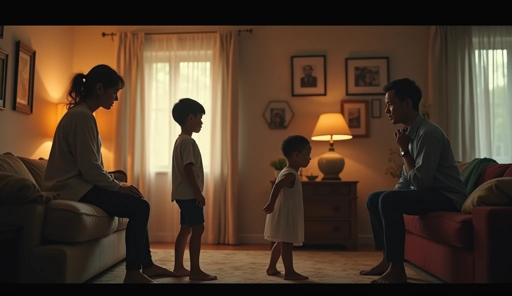 two Brazilian children asking their mother, show the full body of the children and the mother, the mother is on the left side, a billionaire family in a modern mansion