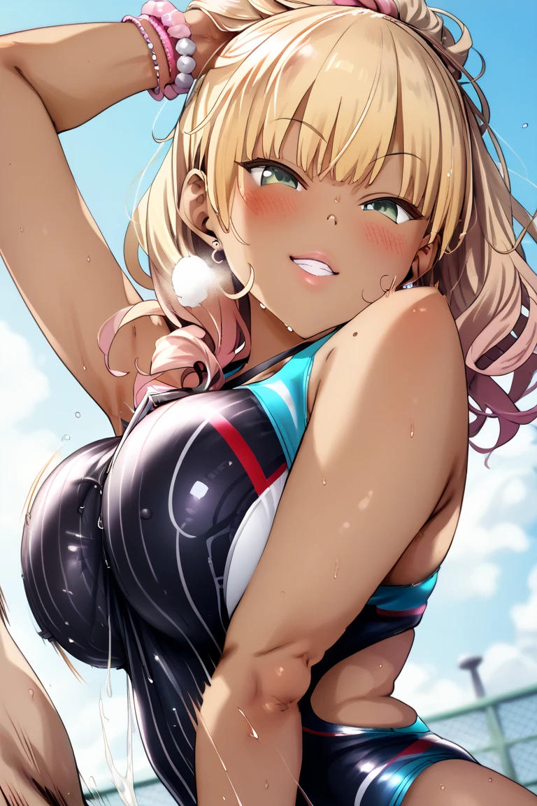 JK, Gymnast, A curvaceous body, Lustrous smile, sense of exaltation, incite inferiority, Obscene eyes, Lewd smile, Open your mouth, blush, Look at me sideways, Beautiful eyelids, (Sportswear:1.2, leotard, Colorful clothing), Spread your legs:1.4, Elevate your legs, Front view, Are standing, Competitions, Action pose, Light and shadow with attention to detail, Soft Focus, Background Blur, (Highest quality:1.2, Very detailed, Detailed illustration, High Detail, masterpiece:1.2, Best aesthetics), (((1 girl))).