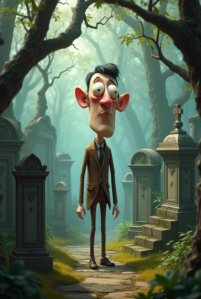 create an image of a cemetery with a man who looks like a cartoon and that the cemetery has trees