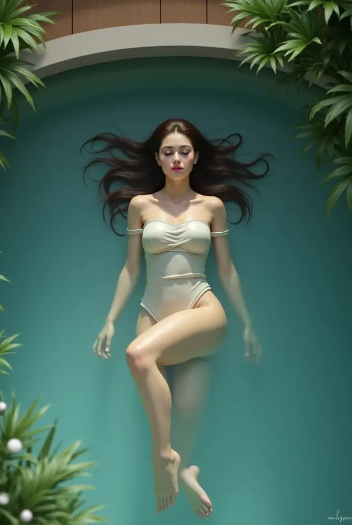 Perfect shot of a woman in a long yellow swimsuit, coming out of the water, View from the lake bottom, She is immersed in the water with her arms elegantly outstretched., She closed her eyes, Her lips were closed and her legs were stretched out. Her hands are almost touching the surface of the water... perfect face, perfect hands, ultra-realistic, perfect style, epic, realistic, CinemaScope, No nudity, Transparent clothing is prohibited.