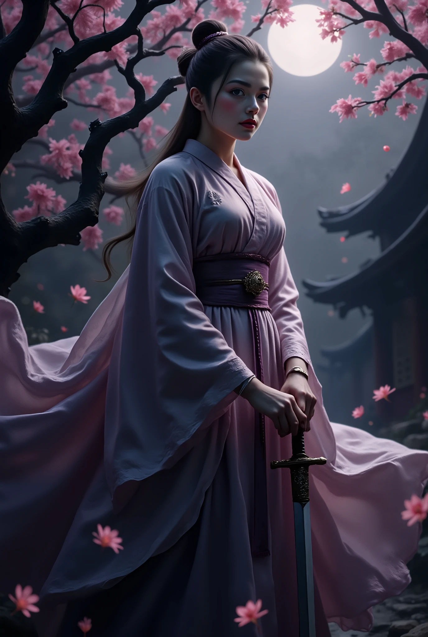 Sakura enigmatic princess high contrast dark background shine samurai sword see through mask
