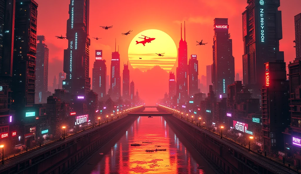 A futuristic dystopian city skyline under a blood-orange sky, filled with towering skyscrapers glowing with neon lights and holograms. Narrow, rain-slick alleys illuminated by cyberpunk signage and graffiti. Sleek surveillance drones hover overhead, scanning the streets below. (Cinematic and photorealistic)