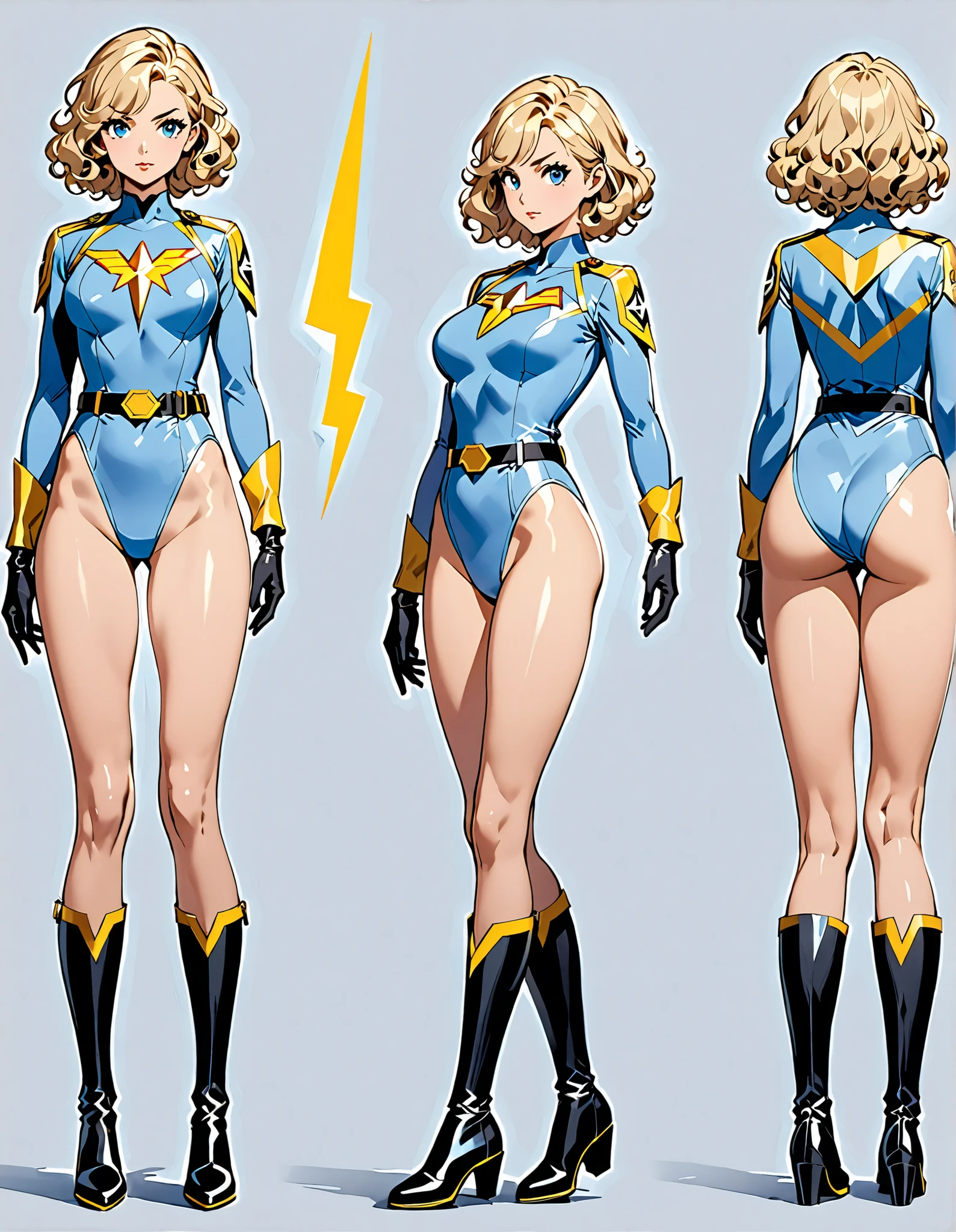 masterpiece, best quality, hires, 1girl, medium breasts, ((leotard, light blue leotard)), long sleeves, ((lighting bolt \(emblem\) on chest)), (bare legs), ((fastened tight belt)), black boots, matching boots, black gloves, solo, single, standing, superhero, beautiful detailed eyes, beautiful detailed face, blonde hair, (short hair), wavy hair, mature lady, teacher, perfect body. Simple background, Multiple Views, Character Sheet Full-Length.
