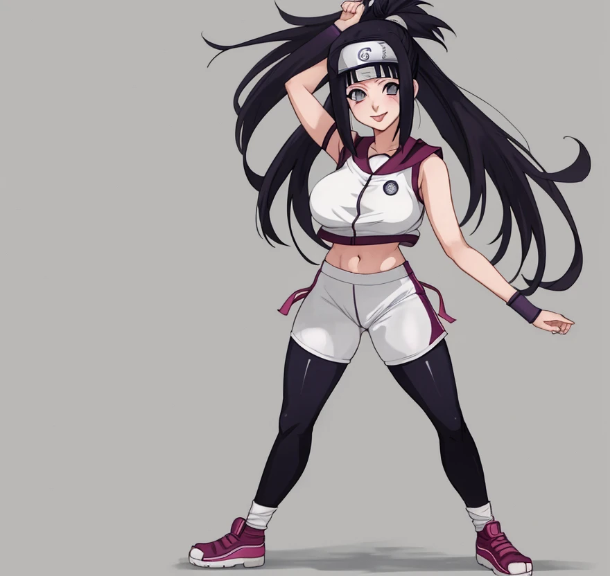 Create a vibrant anime-style image of Hinata Hyuga from Naruto, depicting her in a dynamic pose with a serene expression, set against a background that captures the essence of her character and the world of Naruto, draw it in a 2D Anime, purple hair, cleavege
