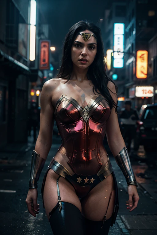 (best quality,4k,8k,highres,masterpiece:1.2), ultra-detailed, (realistic, photorealistic, photo-realistic:1.37), rainy weather, a rooftop fight, a girl in a Wonder Woman costume, short curly hair, beautiful face, magnificent artwork, exquisite details, perfect anatomy, intense fighting stance