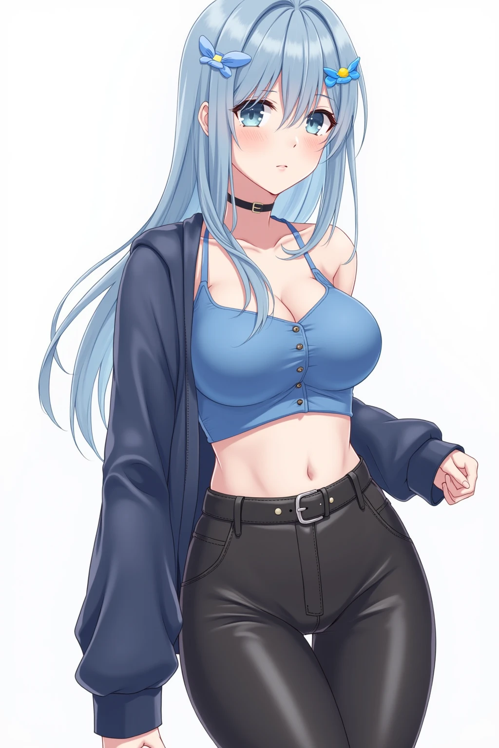 (artwork, best quality) a girl with long messy blue hair, blue eyes, blue eyelashes, blue denim mini shorts, long black stockings, off the shoulder top, standing, tattoo, perfect big body, 4k hd, upset, blushing, in a room, (full body)