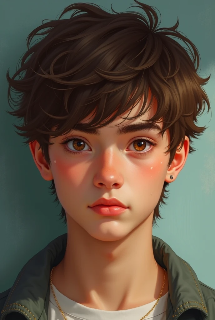A real 16 year old boy, dark brown eyes, pink lips A little dark, Brown hair, bushy eyebrows, normal straight nose, SERIOUS LOOK, White clothes