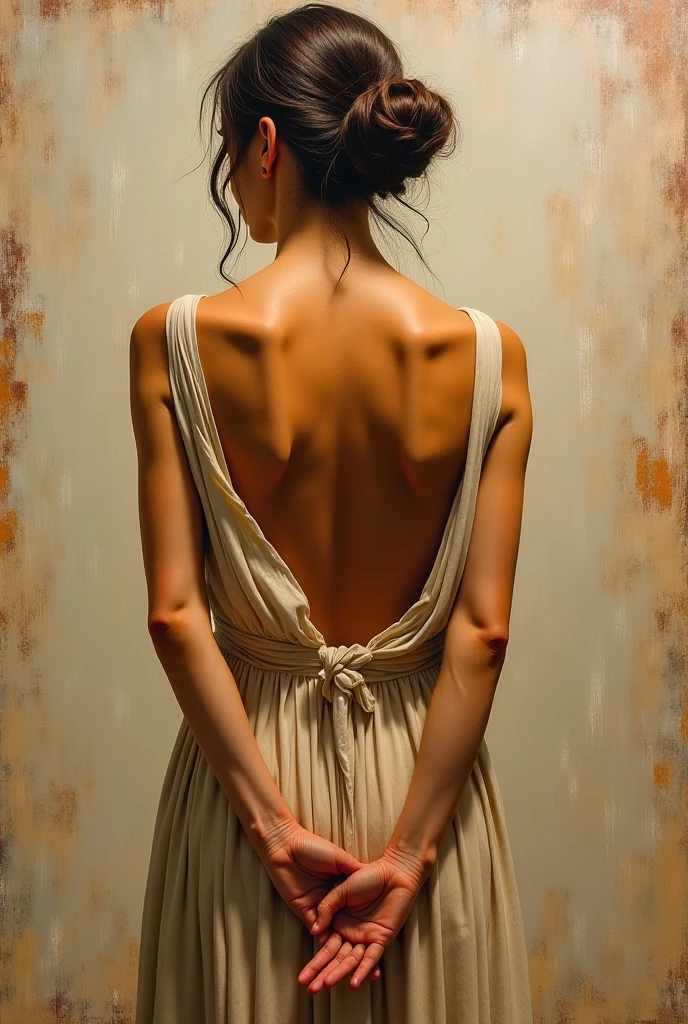 An acrylic painting of a woman with her back in a loose dress that highlights her figure. Her hands are intertwined behind her back in an elegant and mysterious pose. The texture of the painting is visible, with expressive brushstrokes and warm, neutral colors. The background is abstract or subtly detailed, evoking an artistic and sophisticated atmosphere. Let the brushstrokes be noticed as if it were a little animated