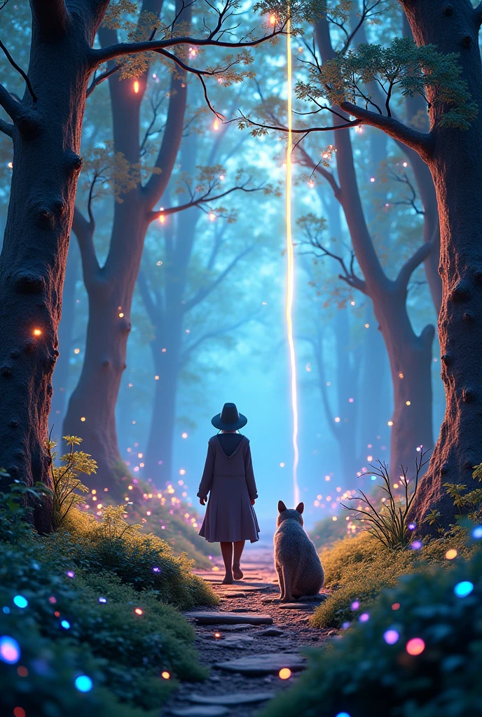 "3D fantasy forest with glowing trees, rainbow lights, and a  walking with a magical cat")
