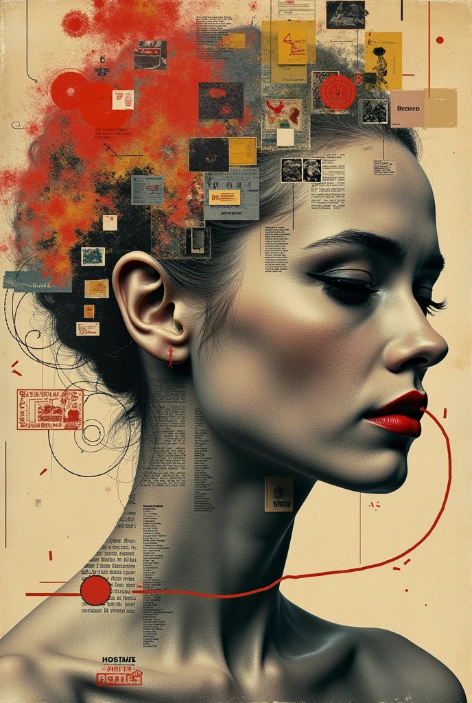 (best quality, ultra detailed, resolution 8k, art style collage, retro aesthetic, old magazine clippings, surreal and experimental composition, analog textures, paper borders, torn elements, color palette of the 60s and 70s, eclectic visual mix, overlapping faces, abstract body parts, fragments of old advertising text, granulated newsprint overlays, pop art influence, tape and glue effects, Cultural Iconography, random objects, hand-drawn doodles and arrows, old diagrams, surrealistic juxtaposition, visual chaos with artistic, fanzine punk vibrations, shadows of paper cutouts, photomontage energy, Rebellious tone