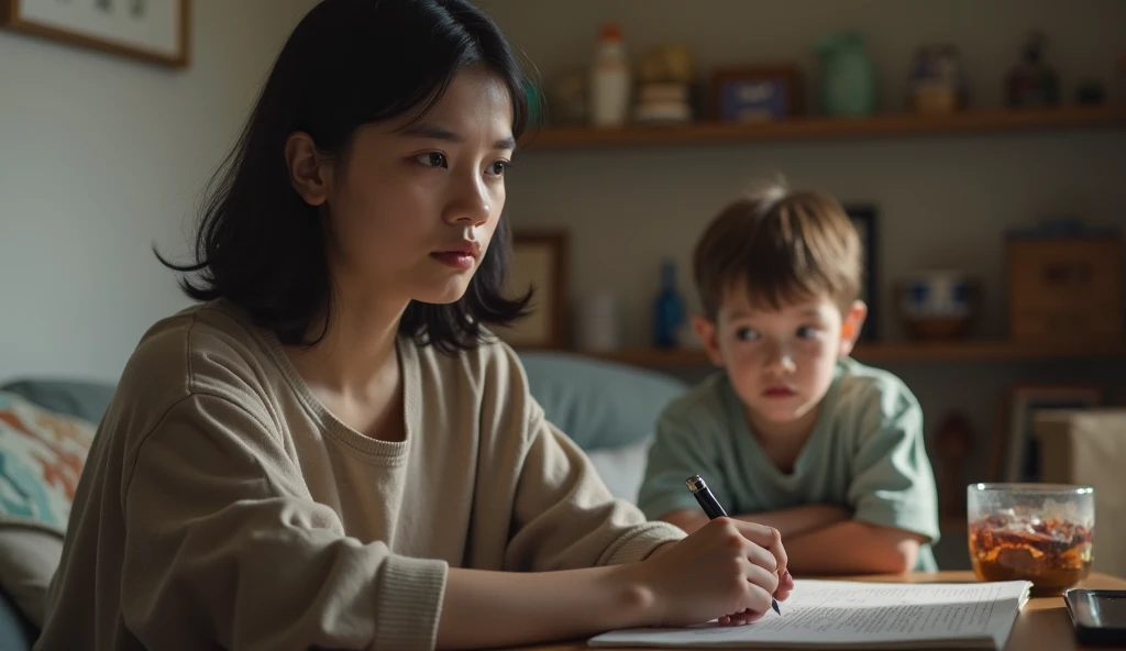 (8k, RAW photo, best quality, masterpiece:1.3),(realistic, photo-realistic:1.37),realistic skin texture,(photorealistic:1.3),(hyperrealistic:1.2.3.4), super sexy Asian mother and her primary school son at parent meeting event