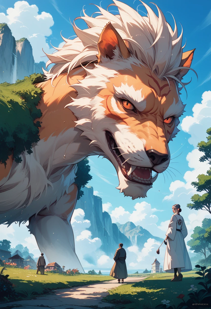 tmasterpiece, cool-pose, furry red dragon, Medium muscular body, eBlue eyes, White medium hair, Leisure set, Ferocious, goodlooking, pervert smirk, light wind, Comfortable, Look back, Sit in the grass, highland, the sunset, mountain background
