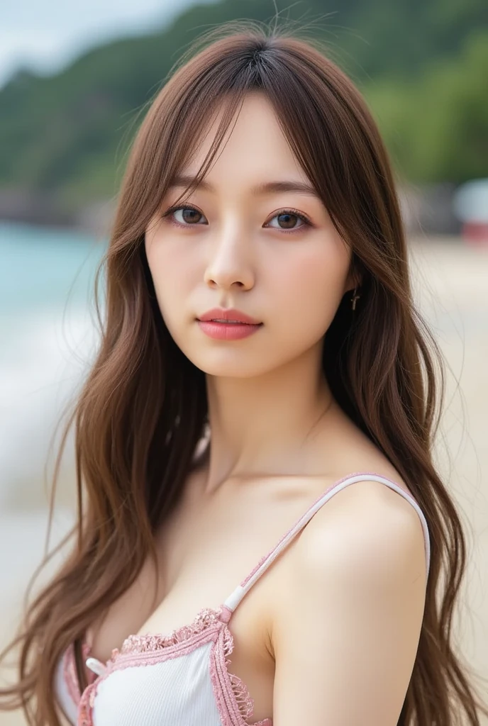 (top-quality、hight resolution、​masterpiece:1.3)、Tall and cute woman、（large full breasts:1.5)、Dark brown hair styled in loose waves、Wearing a  pink pendant、a white bikini、short pants、(Coast in the background)、Details exquisitely rendered in the face and skin texture、Detailed eye、light smile、cowboy shot、short cut hair、starly sky、（fold your arms behind head:1.5)、beatiful、cute、