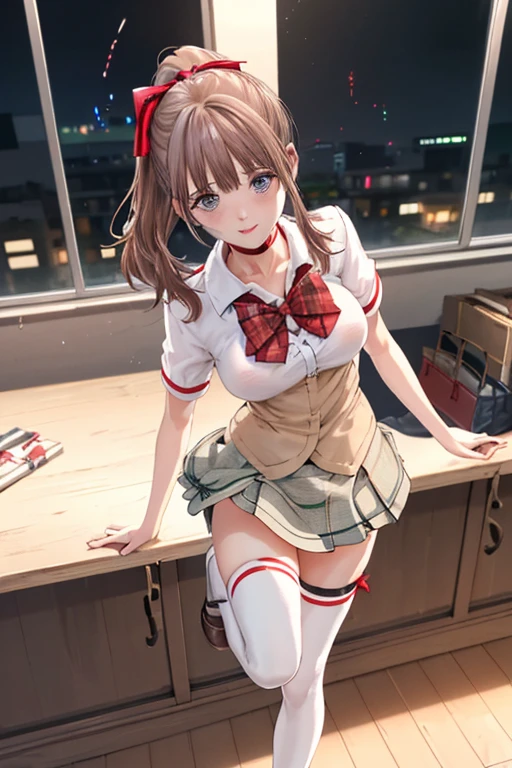 (((masterpiece, Highest quality, High resolution, 超High resolution, Perfect Pixel, Depth of written boundary, 4K, RTTX 10.0))), Beautiful Anime Woman, Beautiful art style, Anime characters, ((Smooth texture, Realistic texture, Anime CG Style)), Exact finger count、Exact number of legs、(Exact number of arms:1.0, Exact number of hands:1.0), (Perfect hands, Perfect Anatomy), Cinematic, Realistic, Extremely detailed CG, Daytime lighting, Perfect lighting, Best Shadow, The best natural light, whole body, Perfect body, Slender body, ((bangs, Dark reddish brown hair, Stylish and cute twin tail hairstyle), Long Hair), (Detailed face, Cute Face), (A grown woman standing with her own hand lifting up her skirt:1.7), (black and white maid outfit, Frilled maid outfit, Knee socks, pumps:1.3)、Angle from the front, ((セクシーでかわいいRed panties:1.3), (Glossy satin panties, Side-tie panties, Lace panties:1.3), (Red panties, garter belt:1.3)), (Beautiful big boobs), (Beautiful and thin thighs:1.3), Feeling embarrassed, (blush:1.2), (Very embarrassed look:1.5), (maid Cafe, Tables and chairs, Many male customers in the background, The male customers are chatting:1.4)