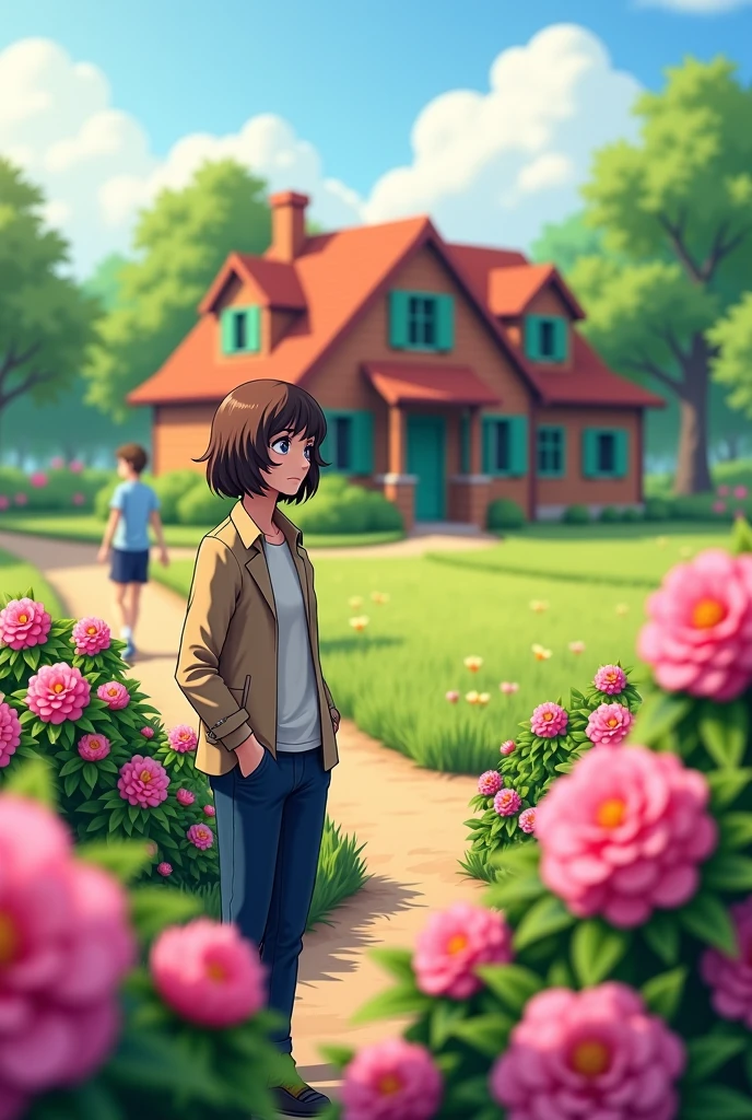 A quiet rural scene with a person standing among pink camellia flowers. The person has, with slightly wavy hair and wearing a long sleeve shirt with an open jacket. In the background, is a country house with a red brick roof and green shutters surrounded by fields and, with another character wearing blue clothes walking happily nearby. The atmosphere is warm and quiet, gardens with soft sunlight that illuminates vibrant flowers and lush green spaces, casting nice shadows on the scene. There is a sense of calm and connection to nature. This perfect rural place.