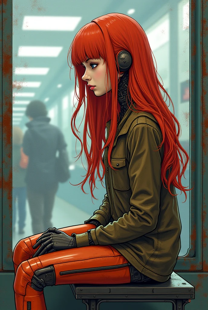 Draw a girl , who is sitting in a store among phone windows
The girl should have long red hair and rust on the folds of her arms and legs, rust on the neck
It's like she's a robot with human skin,which has not been used for a long time