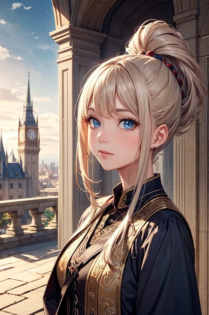 ((masterpiece)), ((best quality)), (ultra-detailed), ((kawaii)), cute, ((extremely detailed)), 4K, (8K), best quality, (beautiful), illustration, upper body, a pretty woman, solo, the legendary wizard, wizard costume, castle, romanesque architecture, evening, beautiful gray hair, (beautiful hair), ponytail, beautiful deep blue eyes, ((beautiful eyes)), ((light brown-skinned)), cool,
