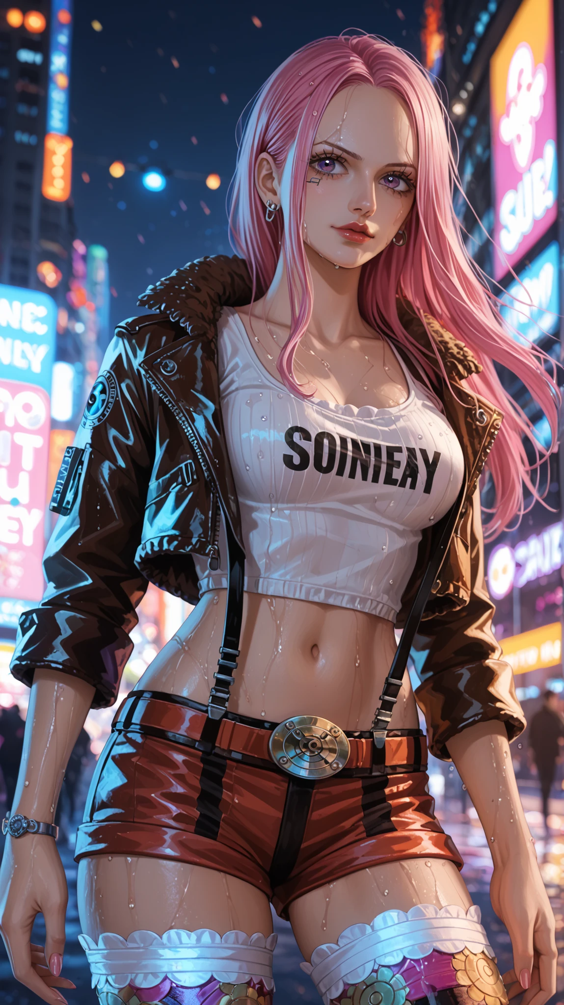 A hyper-realistic reinterpretation of Jewelry Bonney from One Piece, portrayed as a seductive cyberpunk woman with long pink hair and violet eyes, wearing futuristic urban clothing that reveals skin with elegance and attitude — including a cropped leather cyber jacket with neon accents, a tight tech-fabric crop top, high-waisted shorts with glowing straps, and thigh-high boots with LED designs. She stands confidently in a neon-lit night city, wet asphalt reflecting colorful lights, with light fog and flying vehicles in the background. Her pose is bold and stylish, one hand on her hip and the other projecting a holographic menu. Emulate a Canon EOS 5D Mark IV with 85mm f/1.4 lens, dramatic neon night lighting, shallow depth of field for cinematic focus. Framed in a three-quarter body shot with rule of thirds composition and vibrant cyberpunk palette --ar 16:9 --v 6 --style raw --quality 1 --stylize 100