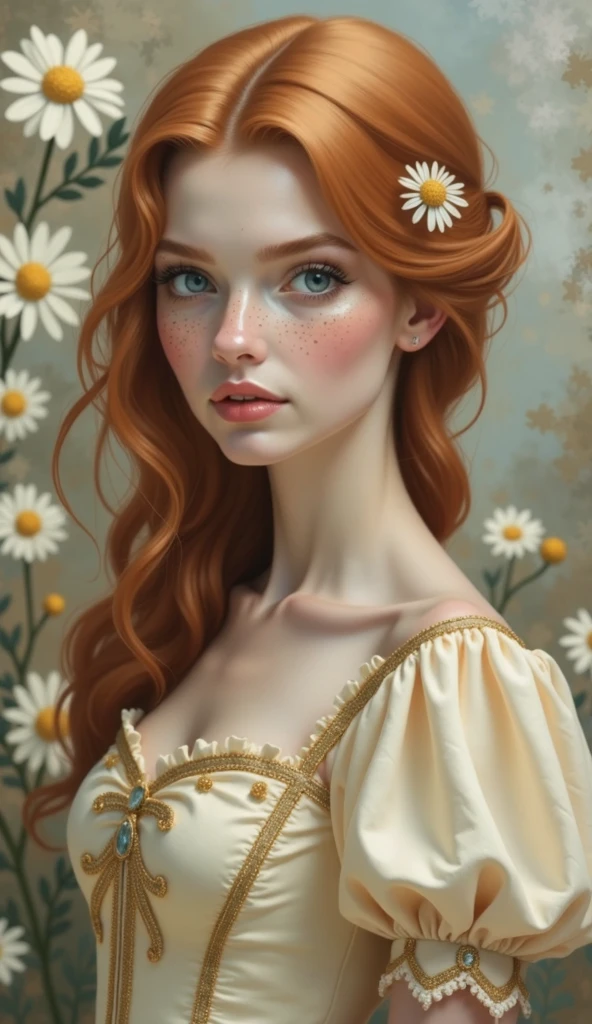 A realistic portrait of a 25 years old woman, with red hair in soft waves, light blue eyes, adorned with freckles, wearing a princess cream coloured dress with a honey coloured bodice with golden embroderies, a small golden daisy clip in the hair, a daisies fantasy wall in background, large sweet eyes, parted lips, 