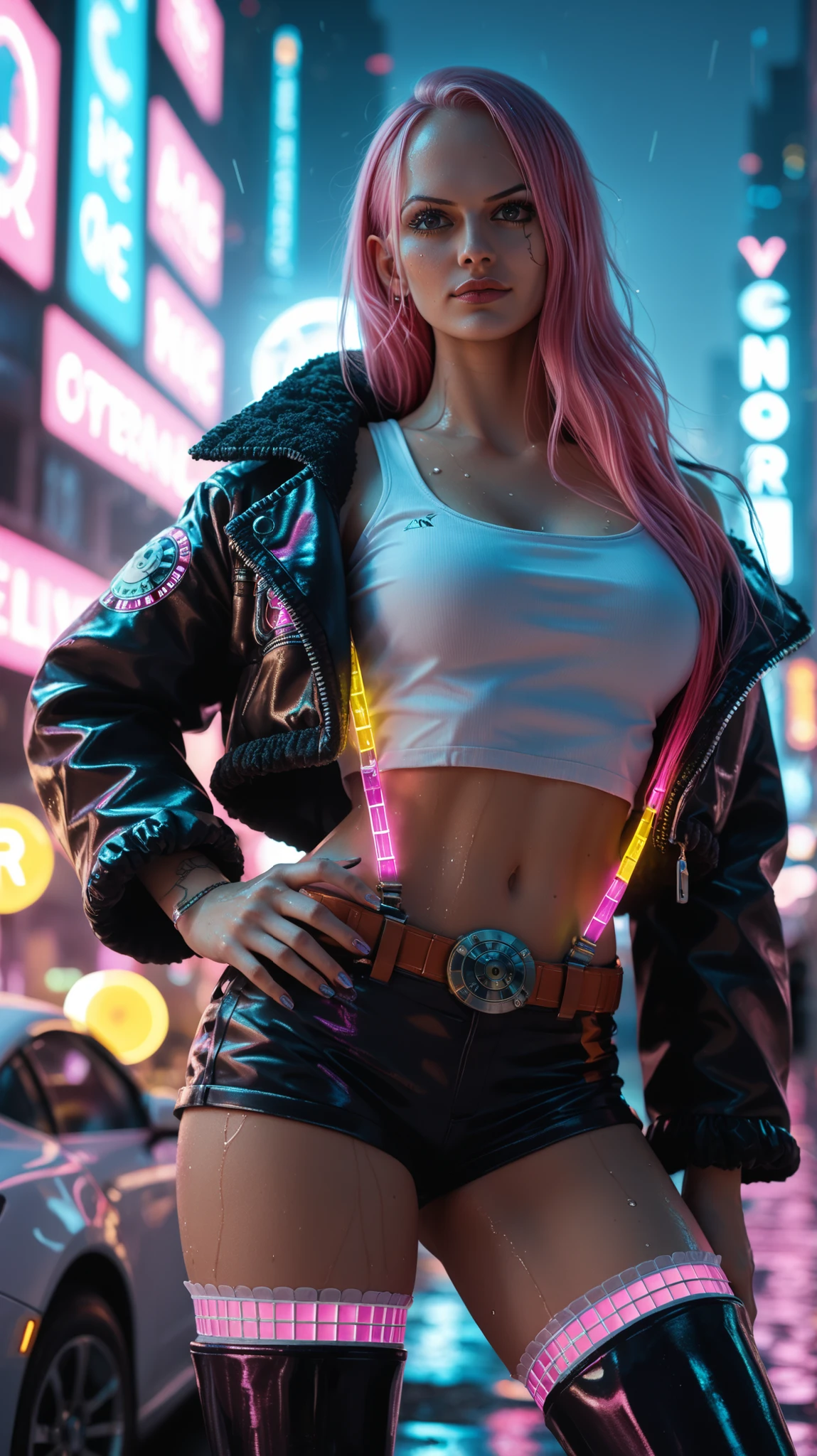 A hyper-realistic reinterpretation of Jewelry Bonney from One Piece, portrayed as a seductive cyberpunk woman with long pink hair and violet eyes, wearing futuristic urban clothing that reveals skin with elegance and attitude — including a cropped leather cyber jacket with neon accents, a tight tech-fabric crop top, high-waisted shorts with glowing straps, and thigh-high boots with LED designs. She stands confidently in a neon-lit night city, wet asphalt reflecting colorful lights, with light fog and flying vehicles in the background. Her pose is bold and stylish, one hand on her hip and the other projecting a holographic menu. Emulate a Canon EOS 5D Mark IV with 85mm f/1.4 lens, dramatic neon night lighting, shallow depth of field for cinematic focus. Framed in a three-quarter body shot with rule of thirds composition and vibrant cyberpunk palette --ar 16:9 --v 6 --style raw --quality 1 --stylize 100