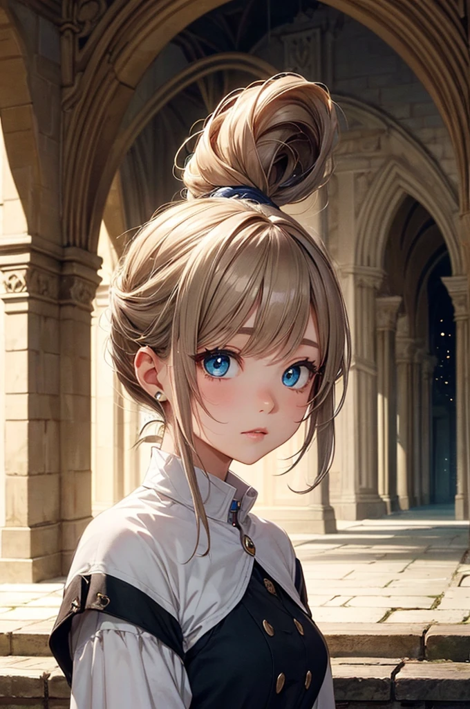 ((masterpiece)), ((best quality)), (ultra-detailed), ((kawaii)), cute, ((extremely detailed)), 4K, (8K), best quality, (beautiful), illustration, upper body, a pretty woman, solo, the legendary wizard, wizard costume, castle, romanesque architecture, evening, beautiful gray hair, (beautiful hair), ponytail, beautiful deep blue eyes, ((beautiful eyes)), ((light brown-skinned)), cool,