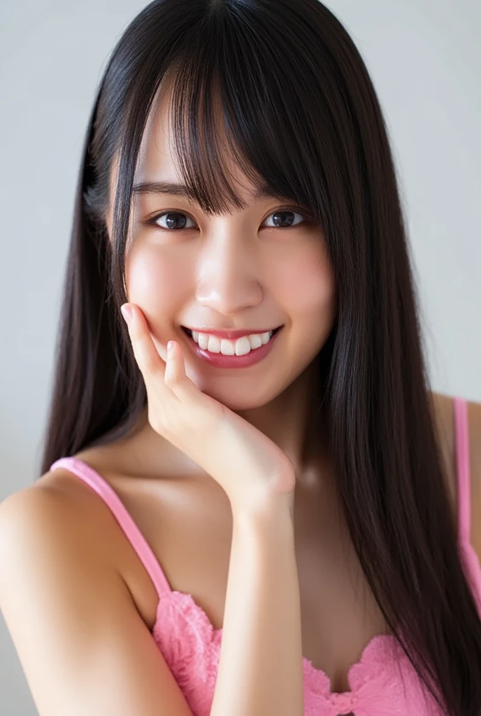 Japanese ),((beautiful girl)),cleavage,An expression that imagines something pleasant:1.2,(perfect body beauty:1.2),((perfect body)),(shy smile),beautiful teeth,