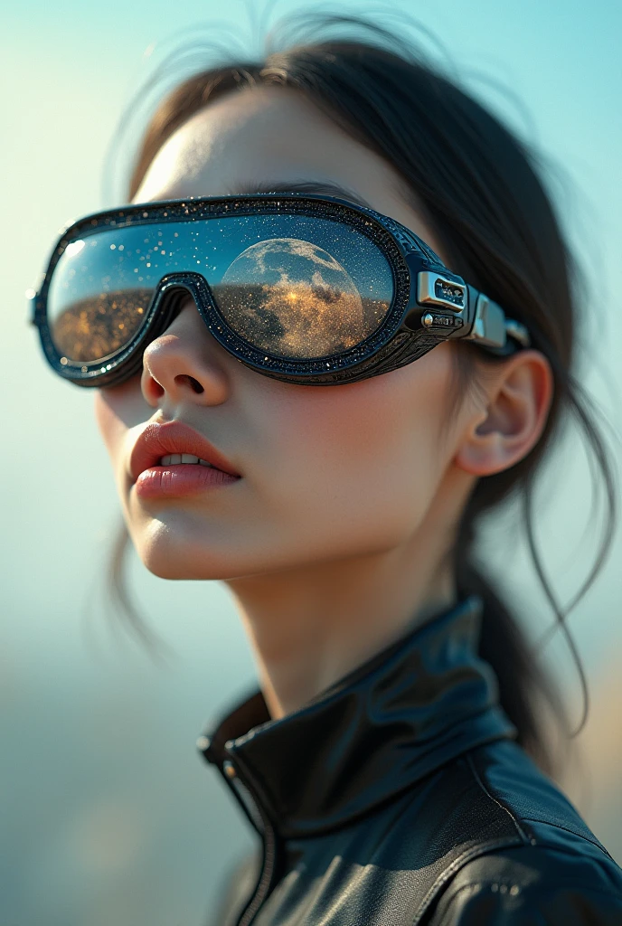 The model is wearing glass sunglasses with stars and the moon on the glass