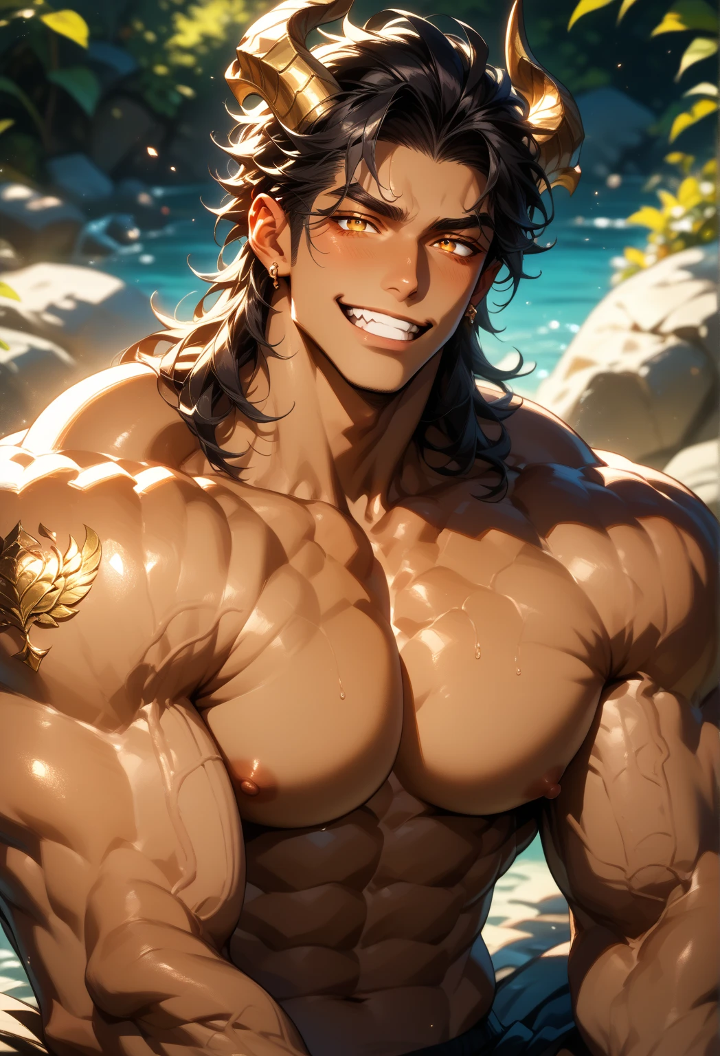 tmasterpiece，best qualityer, muscular, malefocus，bodybuilder, Animal ear，solo，dark skin, ssmile，flexing his muscles, Keep one's mouth shut，O cabelo multicolorido，brown  hair，Dog boy，White hair，nipple tassels，Dog ears，Armour，Striped hair（beachbackground:1.4),(kbxll:0.6)