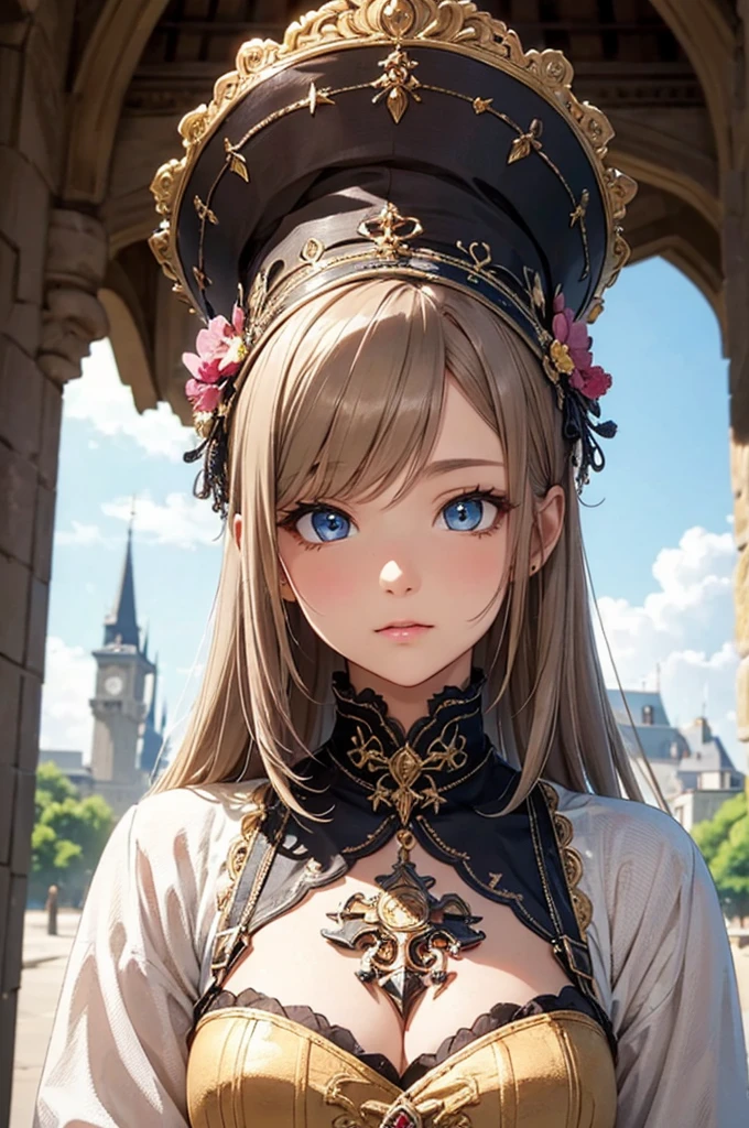 ((masterpiece)), ((best quality)), (ultra-detailed), ((kawaii)), cute, ((extremely detailed)), 4K, (8K), best quality, (beautiful), illustration, upper body, a pretty woman, solo, necromancer, necromancer costume, castle, romanesque architecture, evening, beautiful gray hair, (beautiful hair), beautiful deep blue eyes, ((beautiful eyes)), ((light brown-skinned)), cool,
