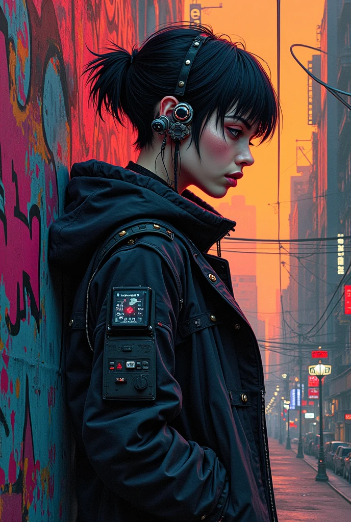 Cyberpunk girl, side view, street art