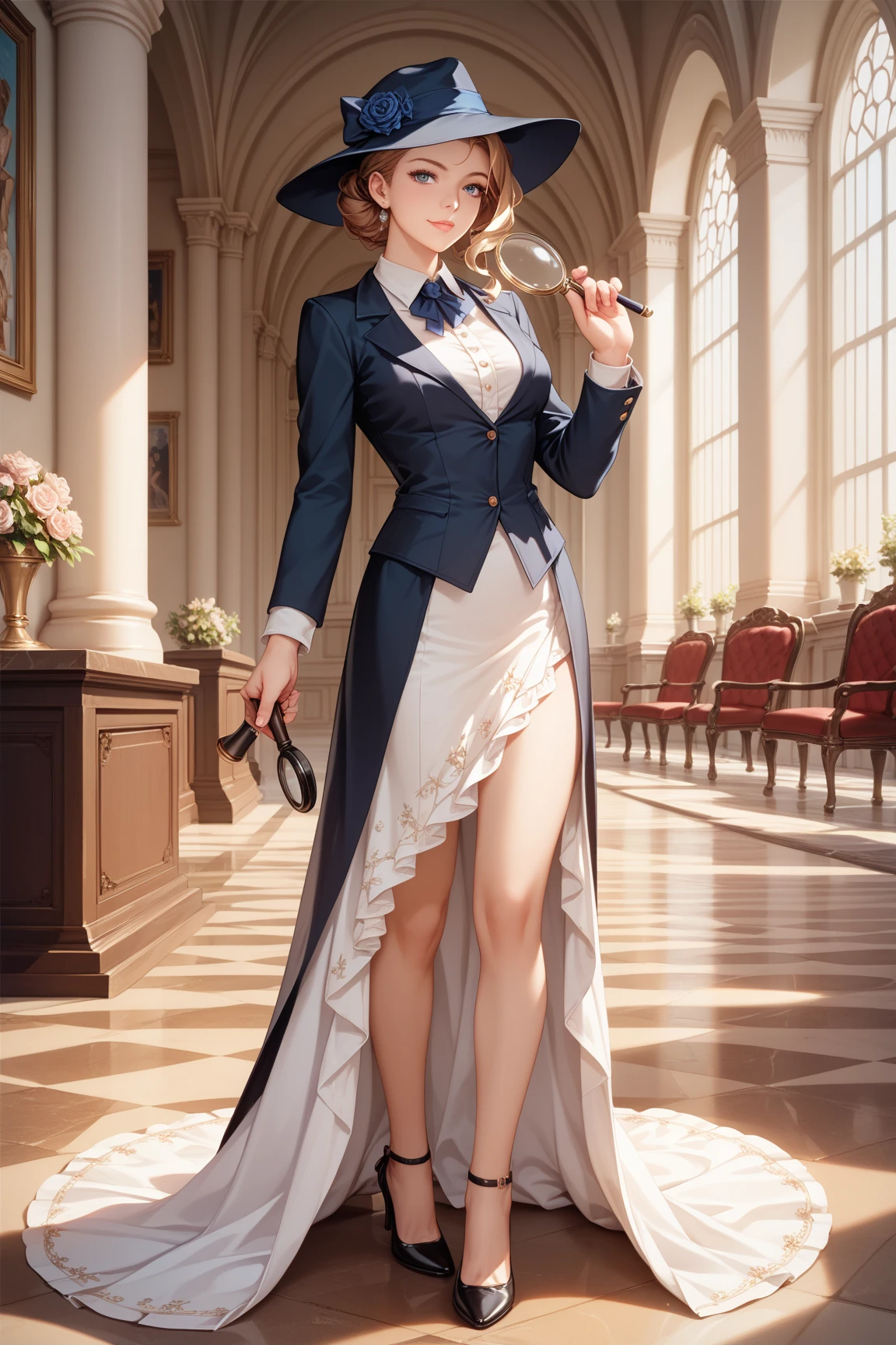 uncensored, (((masterpiece))), (((best quality))), ((ultra-detailed)), (highly detailed CG illustration), ((extremely delicate and beautiful)), cinematic light, ((girl)), solo, (full body), ????, (detective), (clue), (investigation), (holding magnifying glass), (character focus)